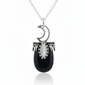 Crescent Moon Black Obsidian Stone Silver Pendant‎ Necklace Celestial Jewelry